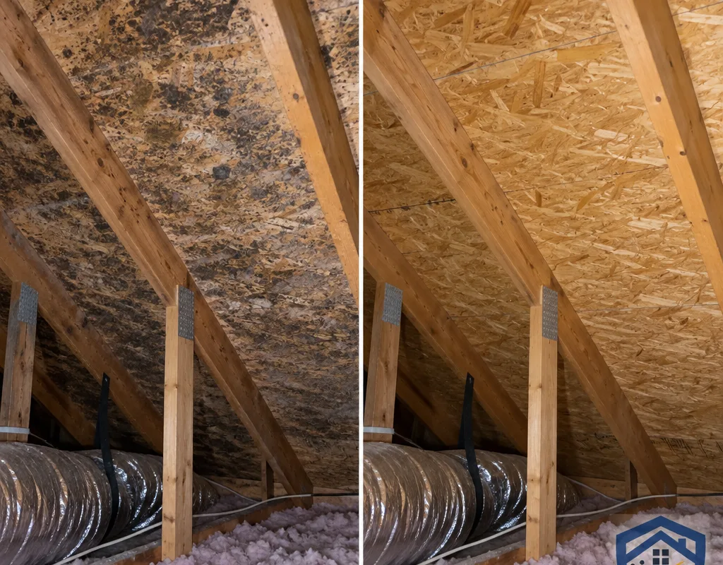 Attic sheathing before and after mold cleaning, photographed from the same angle