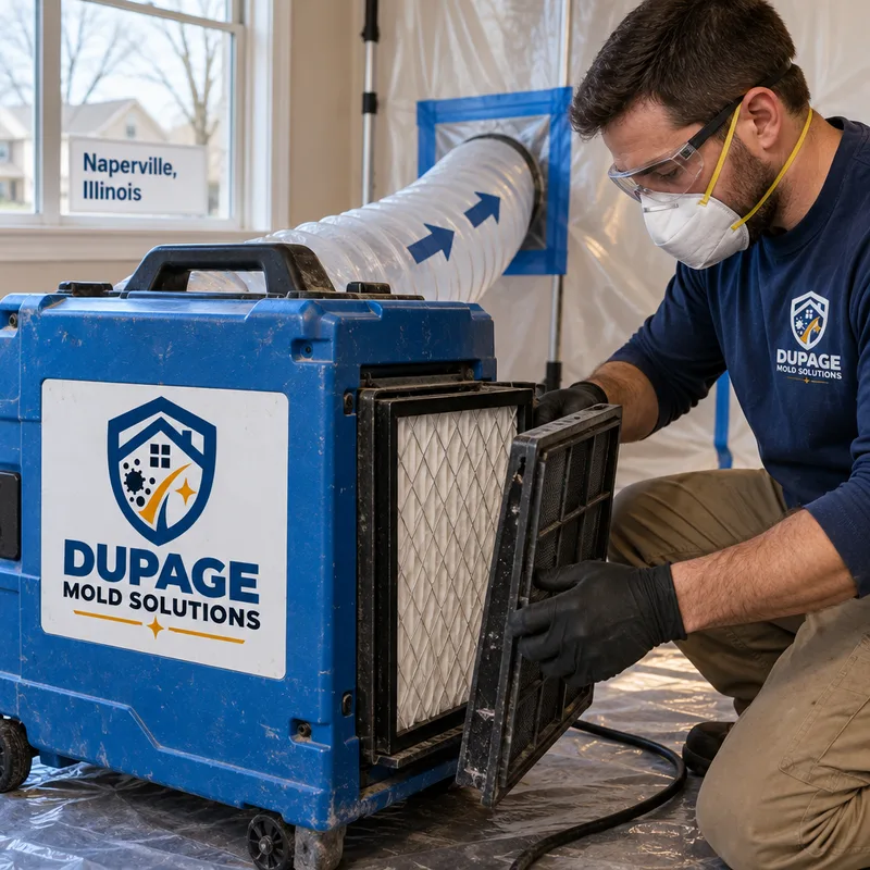 HEPA air scrubber operating with ducting inside a contained room