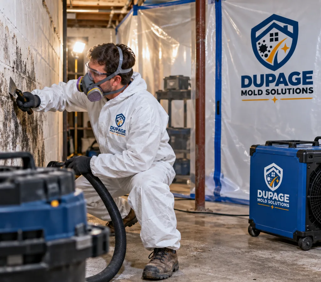 Technician performing mold removal in a contained Naperville basement with a HEPA air scrubber