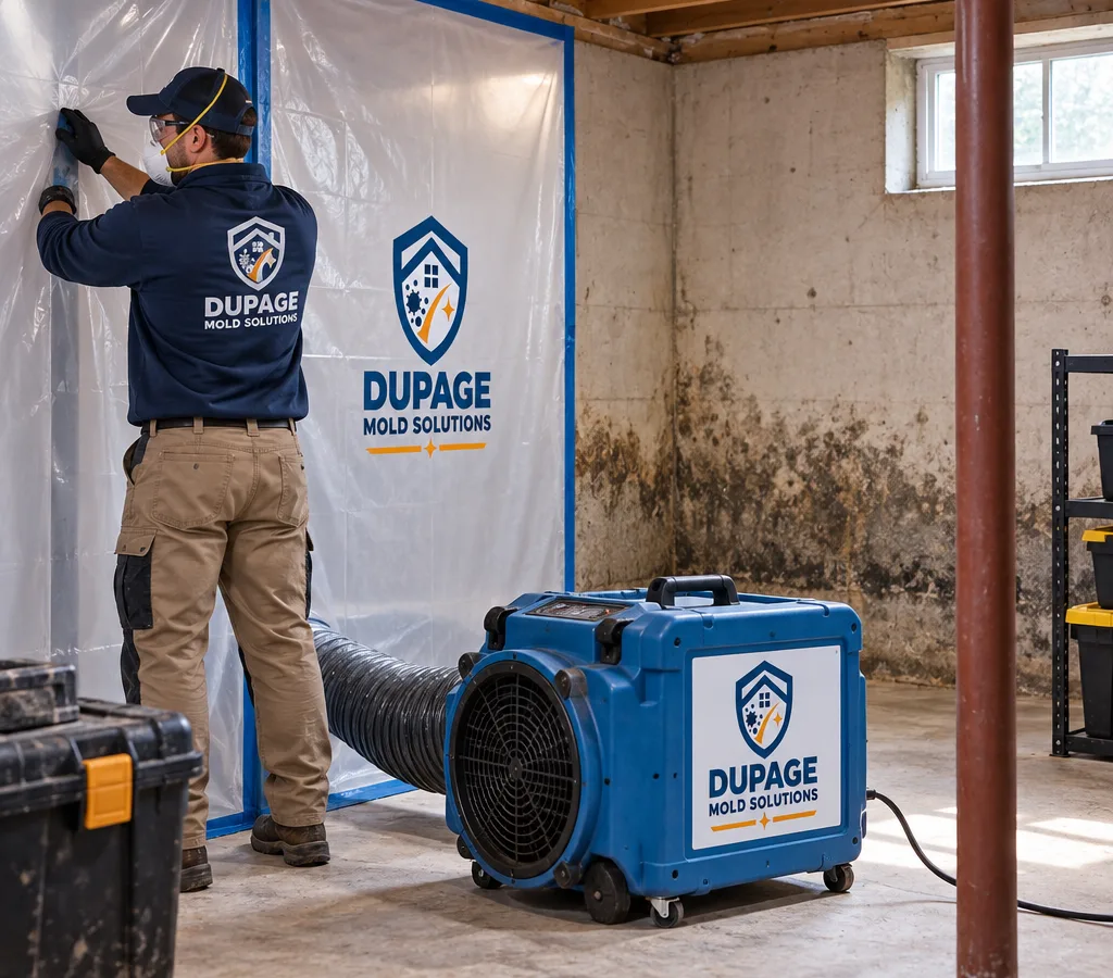 Technician setting up containment and a HEPA air scrubber in a Naperville basement