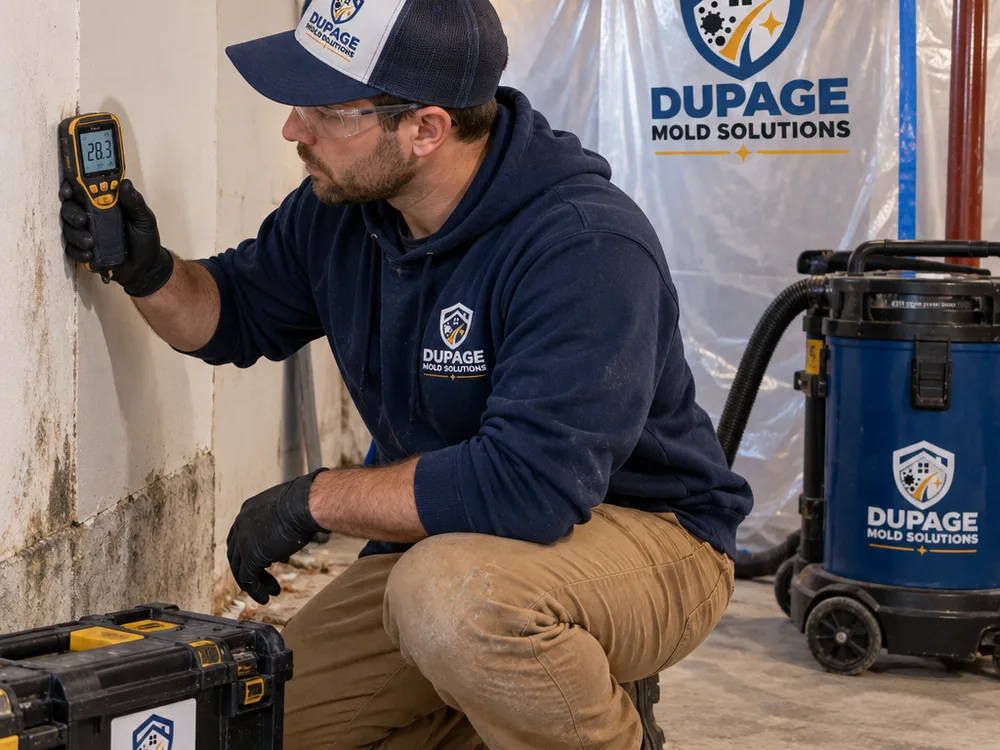 Technician checking basement drywall with a moisture meter beside containment equipment