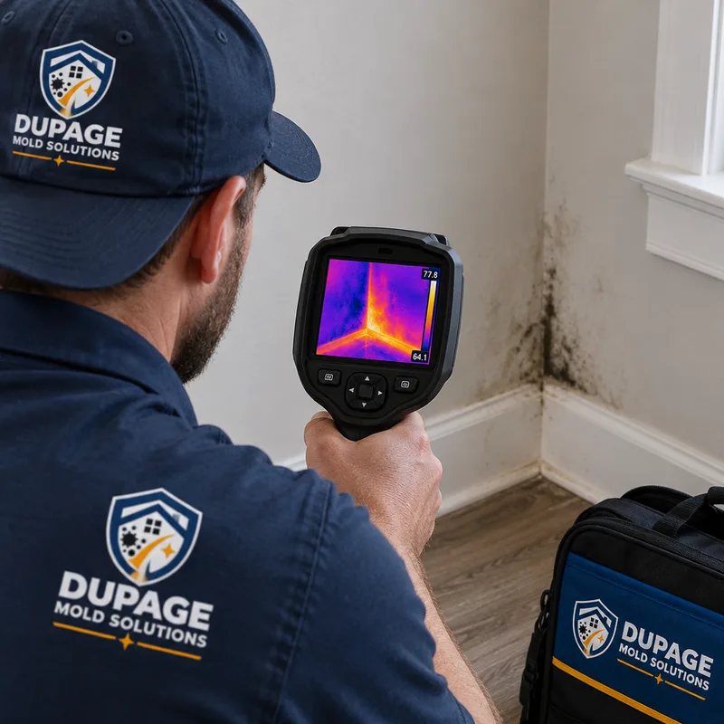 Technician using an infrared camera to screen an interior wall corner for a moisture anomaly