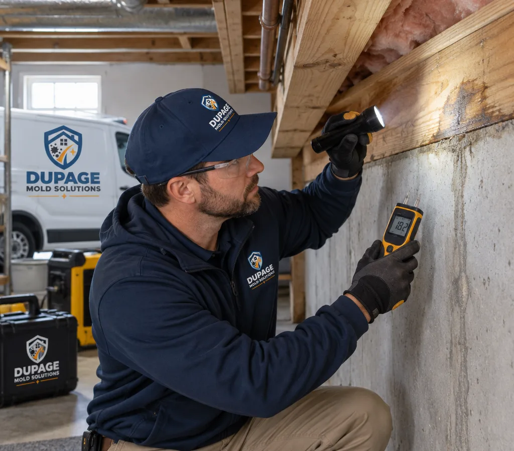 Inspector examining a basement rim joist with a flashlight and moisture meter in a Naperville-area home