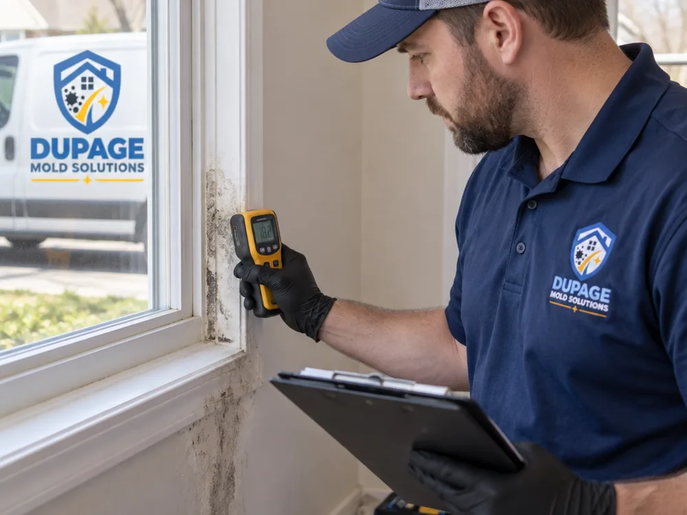 Inspector using a moisture meter on drywall near a window while documenting readings