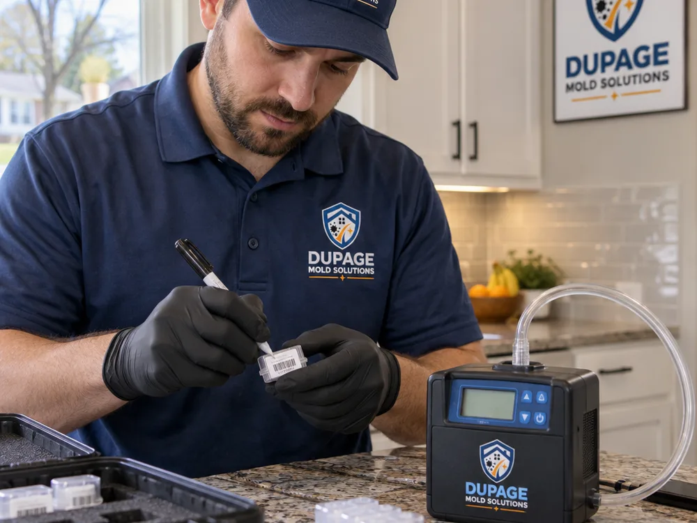 Calibrated indoor air sampling pump with a labeled spore trap cassette during a home inspection