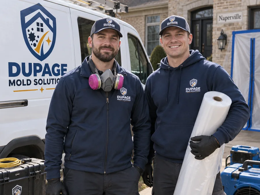 DuPage Mold Solutions technicians beside a service vehicle at a Naperville residence