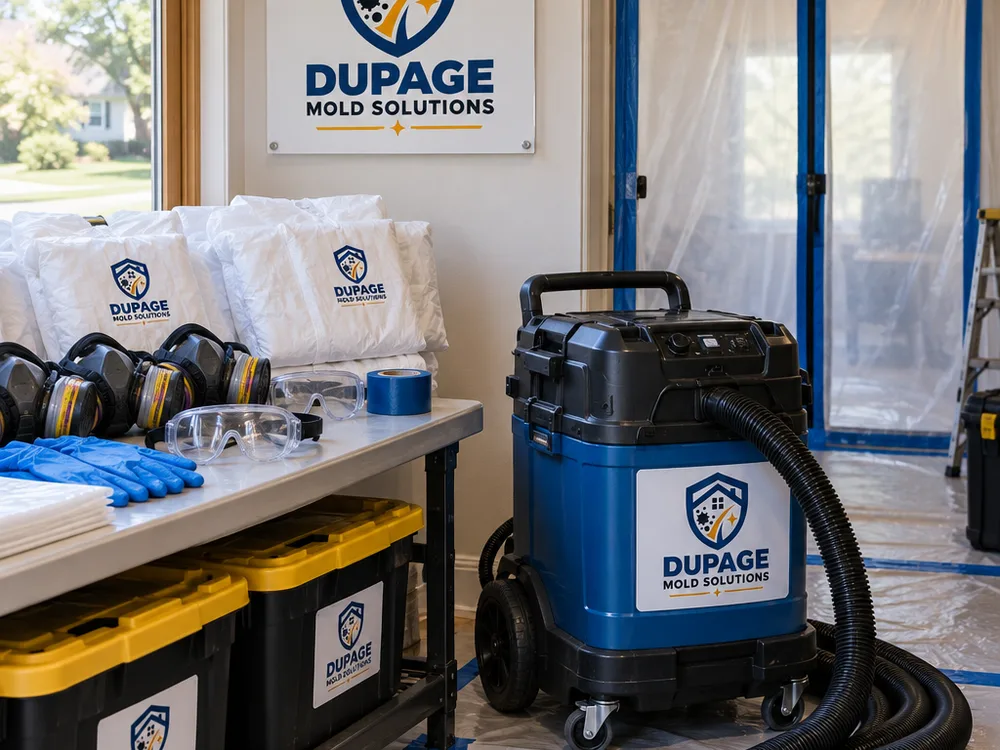 Organized mold remediation staging area with PPE, labeled bags, and a HEPA vacuum